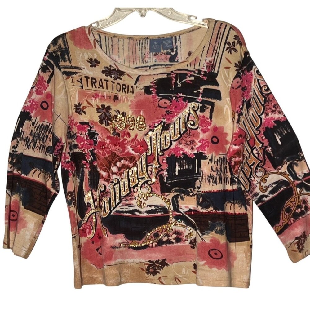 Half Moon Bay Top XL Multi-Color Travel 100% Cotton Trattoria 1898 Sequins